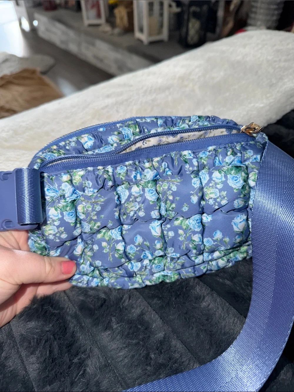 Blue Floral Quilted Bag - Lightweight Floral Waist Pack/Fanny